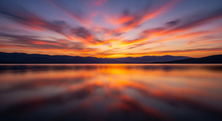 Beautiful sunset over the lake. Colorful sky reflected in water
