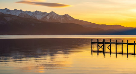 Wooden jetty on Lake Wanaka at sunset, New Zealand