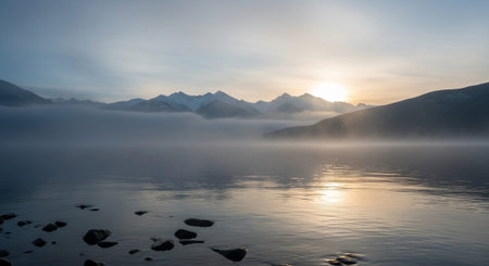 Panorama of fjord and mountains at sunrise, Norway.