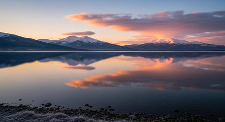 Lake Tekapo at sunset, Canterbury, New Zealand, South Islandの写真素材