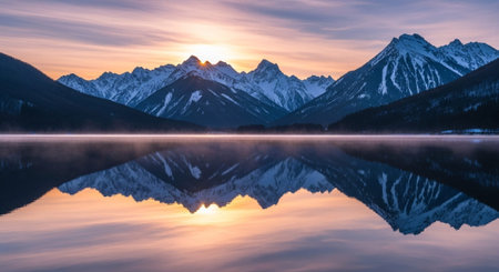 Snow capped mountains reflected in the lake at sunrise, Jasper National Park, Alberta, Canada