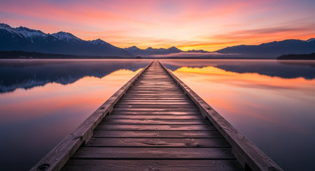 Wooden pier on the lake with mountains in the background at sunriseの写真素材