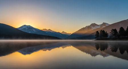 Sunrise at the lake with snow capped mountains reflected in the waterの写真素材
