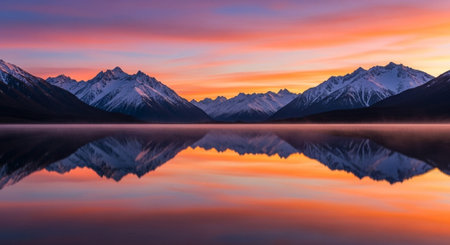 Mountains reflected in a lake at sunset, South Island, New Zealand