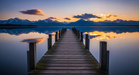 Wooden jetty at sunset with mountains in the background and reflection