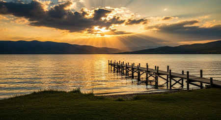 Wooden pier on the lake at sunset, Scotland, UK.の写真素材