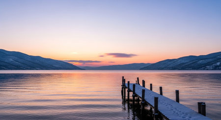 Wooden pier on the lake at sunrise in summer, New Zealand