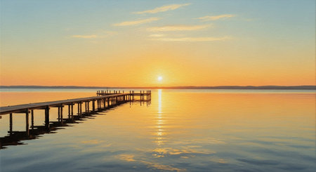 Beautiful sunset on the lake with wooden pier. Panorama.の写真素材