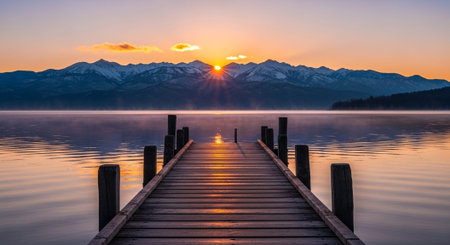 Sunset at the lake with wooden jetty and mountains in the background