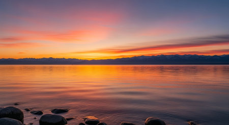 Sunset over the sea and a pier with mountains in the background