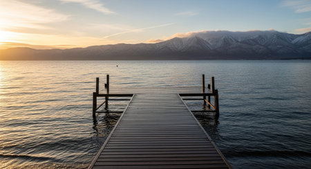 Wooden pier on the lake at sunset with snow capped mountains in the backgroundの写真素材