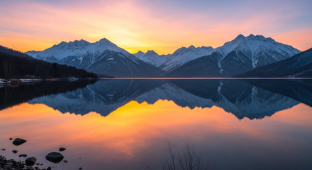Mountain lake with reflection of mountains at sunset. Beautiful winter landscape.