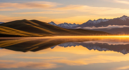 Mountain lake at sunset with reflection in water. New Zealand.