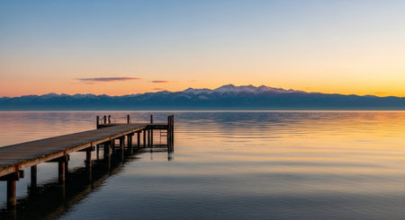 Wooden pier on Lake Geneva at sunrise, Switzerland. Long exposure.の写真素材