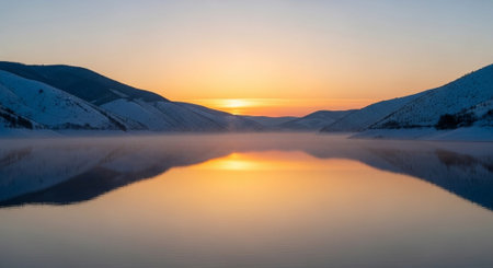 Sunrise over a frozen lake in the mountains. Winter landscape.の写真素材