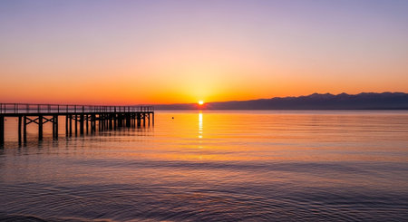 Sunset at the pier in Lake Constance, Bavaria, Germanyの写真素材