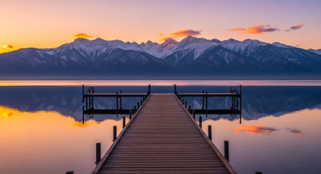 Wooden jetty on Lake Tekapo at sunrise, New Zealandの写真素材