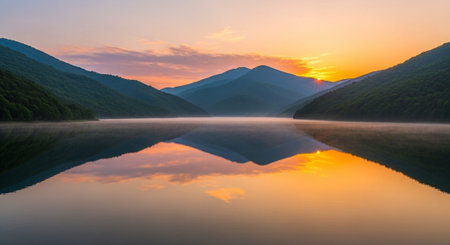 Mountain lake at sunrise with reflection in water, Carpathians, Ukraine