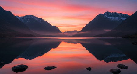 Sunset at Glenorchy, New Zealand. Reflection in the lake.の写真素材