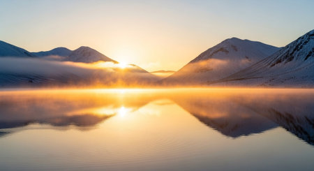 Beautiful sunrise in the mountains reflected in the calm water of a lakeの写真素材