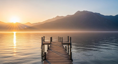 Wooden jetty at Lake Geneva at sunrise, Switzerland, Europeの写真素材