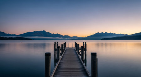 Wooden jetty on Lake Wanaka at sunset, New Zealandの写真素材