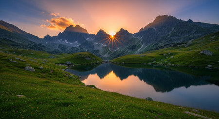 Beautiful alpine lake in the mountains at sunset. Summer landscape