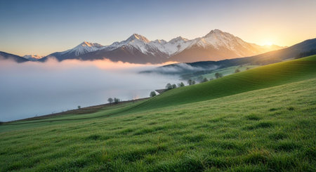 Morning in the mountains. Morning fog in the valley. Beautiful morning landscape.