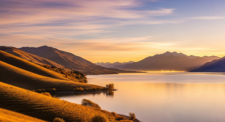 Natural landscape of New Zealand alps and lake with reflection in waterの写真素材