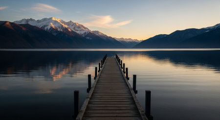 Wooden pier on Lake Wanaka, South Island, New Zealandの写真素材