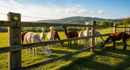 Traditional Farm Animals Grazing in Green Pasture at Sunset, Rural Countryside Landscape.の写真素材
