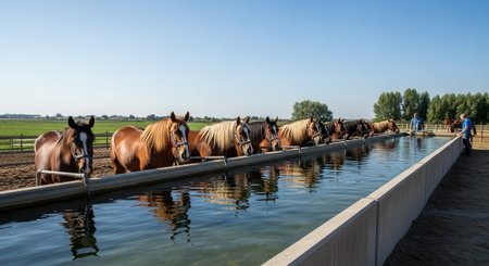 Traditional Farm Animals Grazing in Green Pasture at Sunset, Rural Countryside Landscape.の写真素材