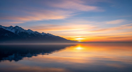 Sunset on the lake with reflection of mountains in the water.