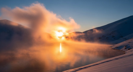 Foggy sunrise over mountain lake in the Carpathian mountainsの写真素材