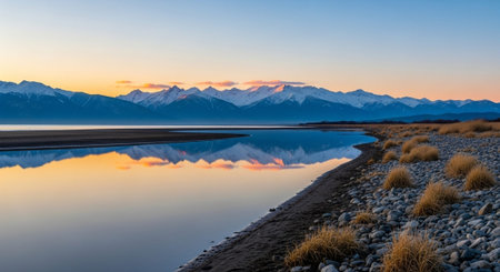 Lake Tekapo at sunrise, South Island, New Zealand. The lake is surrounded by snow-capped mountains.