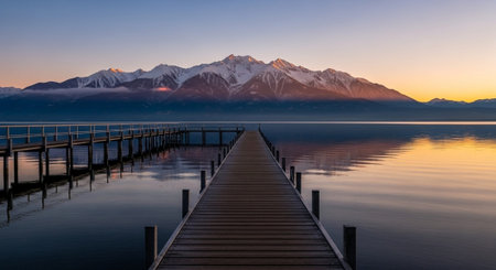 Wooden jetty at sunrise in Queenstown, New Zealand.