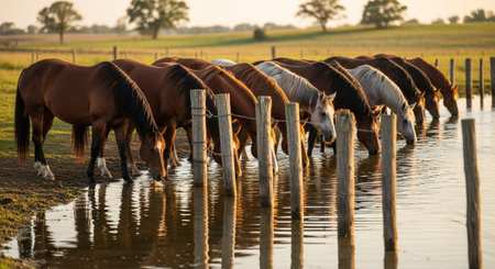 Traditional Farm Animals Grazing in Green Pasture at Sunset, Rural Countryside Landscape.の写真素材