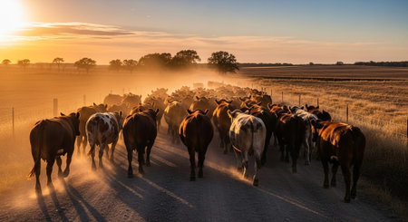 Traditional Farm Animals Grazing in Green Pasture at Sunset, Rural Countryside Landscape.