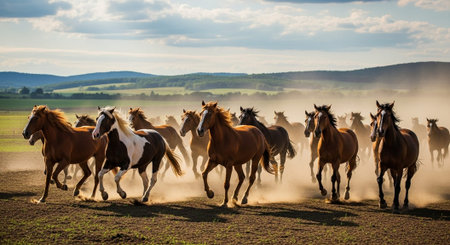 Traditional Farm Animals Grazing in Green Pasture at Sunset, Rural Countryside Landscape.の写真素材