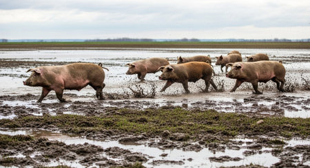 Traditional Farm Animals Grazing in Green Pasture at Sunset, Rural Countryside Landscape.