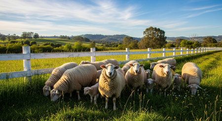 Traditional Farm Animals Grazing in Green Pasture at Sunset, Rural Countryside Landscape.の写真素材