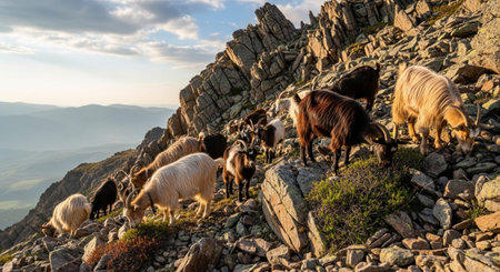 Traditional Farm Animals Grazing in Green Pasture at Sunset, Rural Countryside Landscape.