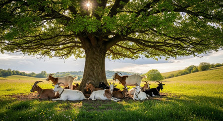 Traditional Farm Animals Grazing in Green Pasture at Sunset, Rural Countryside Landscape.