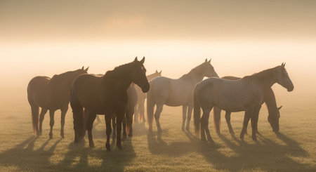 Traditional Farm Animals Grazing in Green Pasture at Sunset, Rural Countryside Landscape.の写真素材