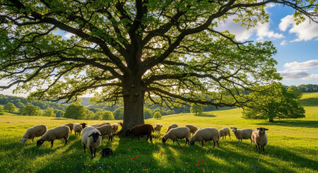 Traditional Farm Animals Grazing in Green Pasture at Sunset, Rural Countryside Landscape.の写真素材