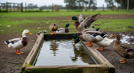 Traditional Farm Animals Grazing in Green Pasture at Sunset, Rural Countryside Landscape.の写真素材