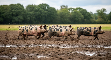 Traditional Farm Animals Grazing in Green Pasture at Sunset, Rural Countryside Landscape.の写真素材