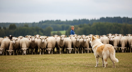Traditional Farm Animals Grazing in Green Pasture at Sunset, Rural Countryside Landscape.の写真素材