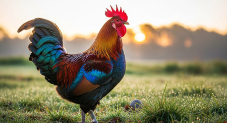 Traditional Farm Animals Grazing in Green Pasture at Sunset, Rural Countryside Landscape.の写真素材