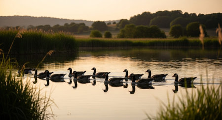 Traditional Farm Animals Grazing in Green Pasture at Sunset, Rural Countryside Landscape.